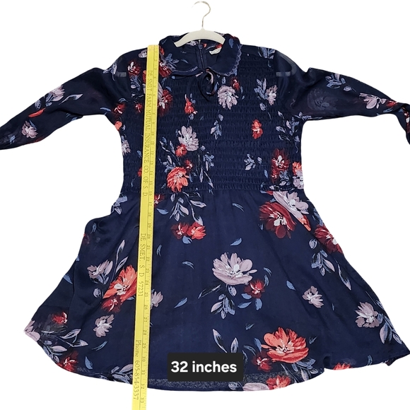 ABERCROMBIE AND FITCH Dress Womens Medium Navy Floral Smocked Tie Neck Romantic - Picture 7 of 11